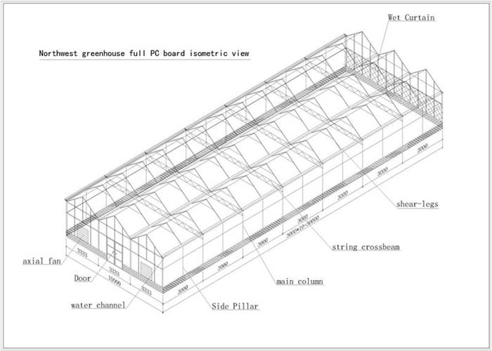 Isometric view of the polycarbonate greenhouse frame with columns, fan and water channel