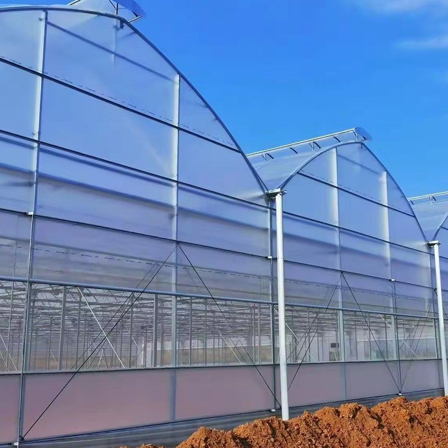 Gothic arch greenhouse with the film cover fixed over the steel frame