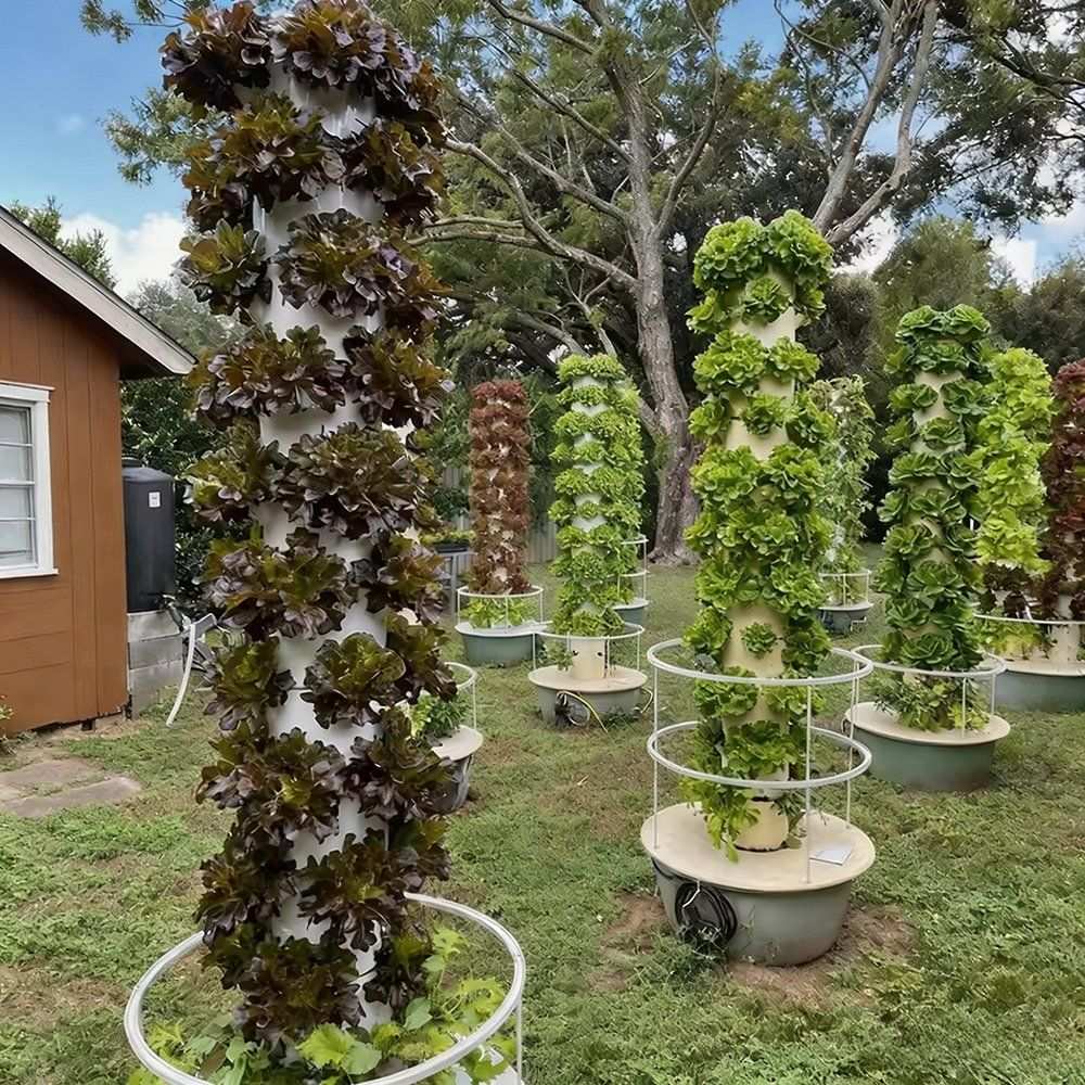 Aeroponic tower with pepper plants growing from the planting ports