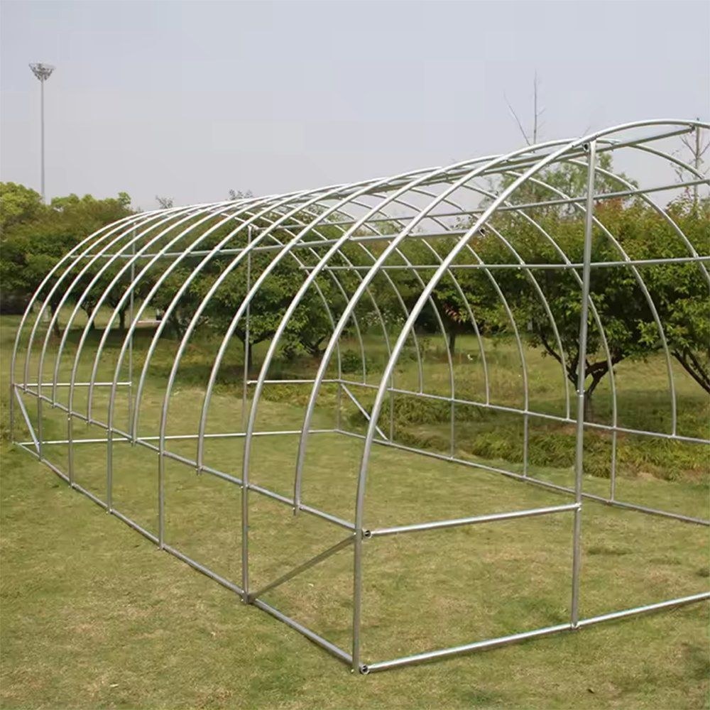 Galvanized steel tube frame of a small polytunnel before the cover is fitted