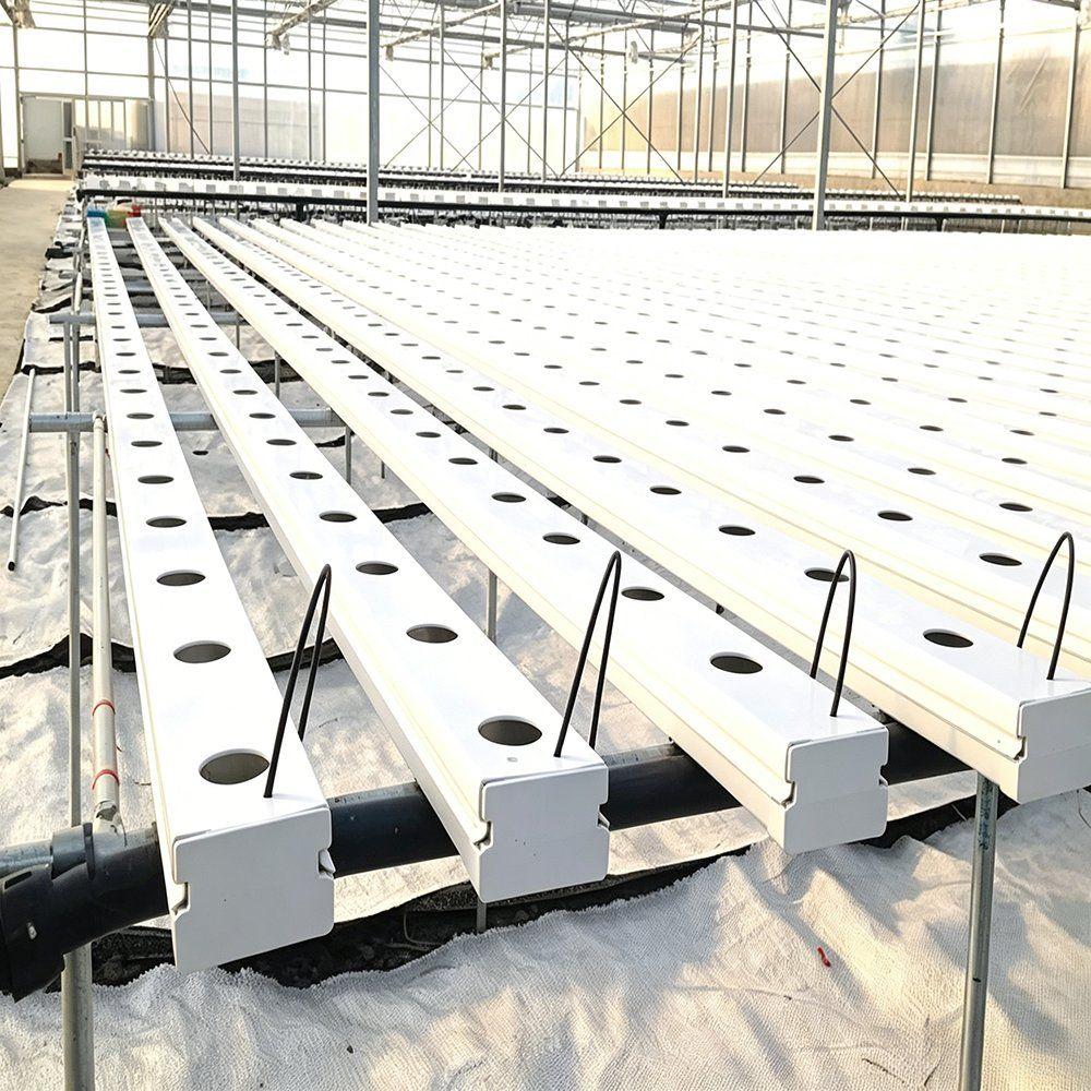 Rows of white hydroponic growing channels with drip lines inside a greenhouse
