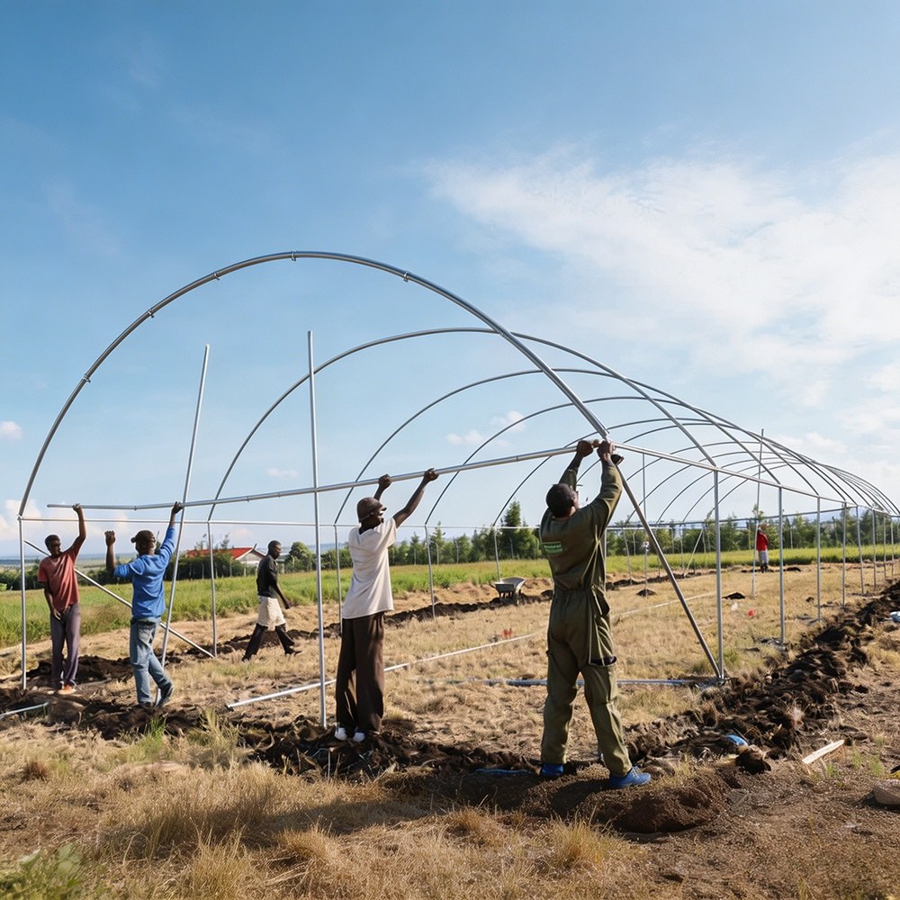 Crew assembling hoop house arches on site