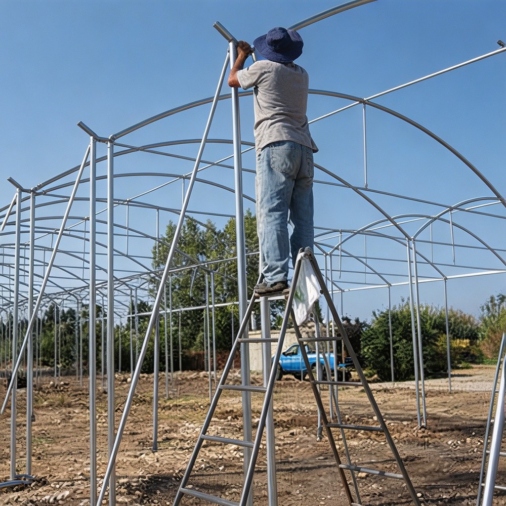 Worker assembling hoop house arch frames on site