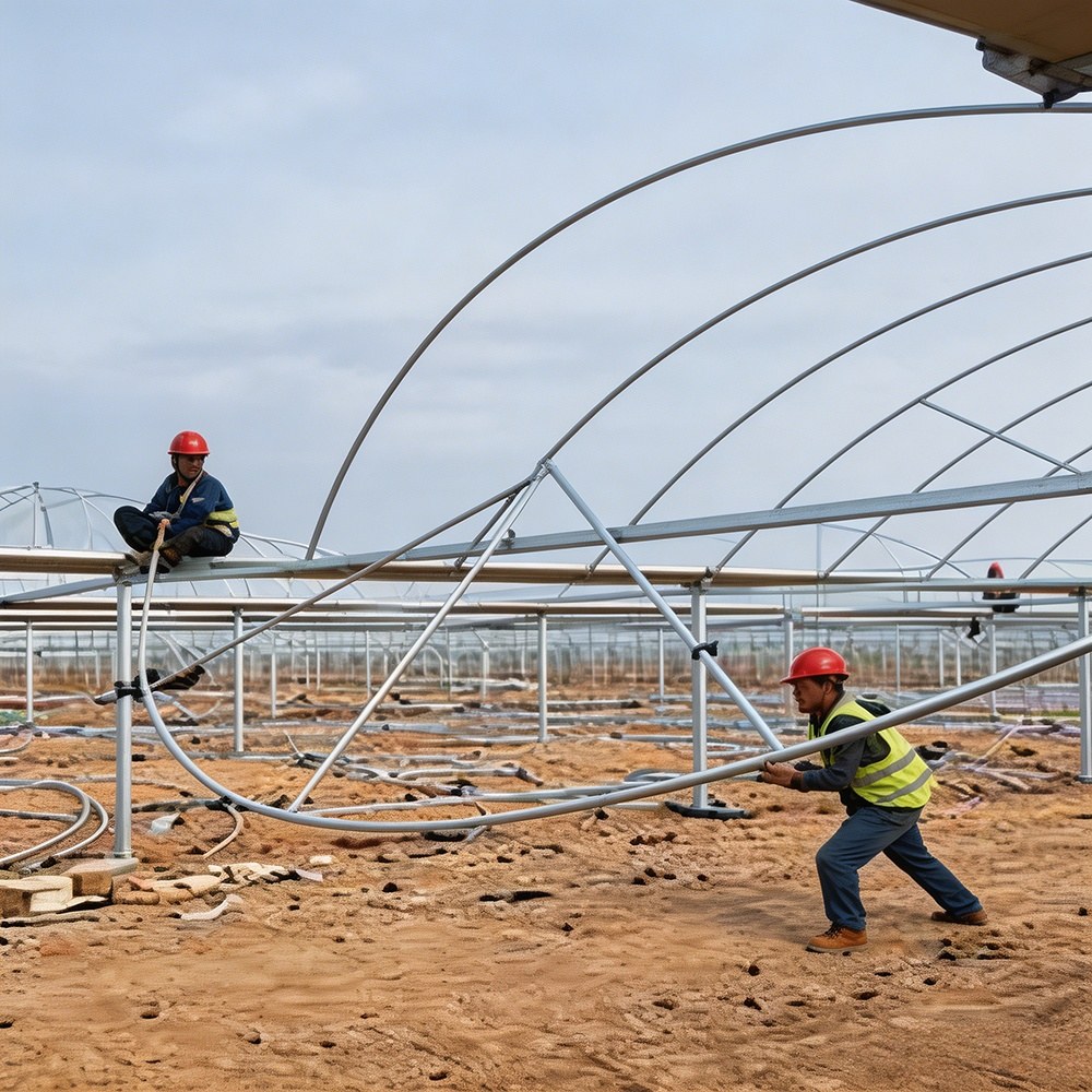 Multi-span greenhouse arch pipes being installed on site