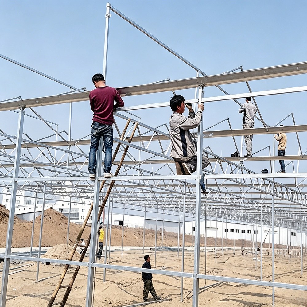 Truss structure installation inside a multi-span greenhouse
