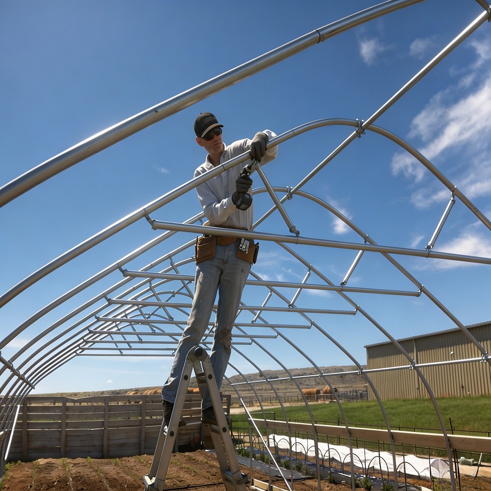 Galvanized steel frame tubes being assembled with a power drill on site