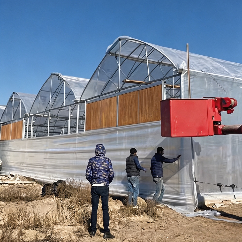 Multi-span greenhouse film covering installation on site