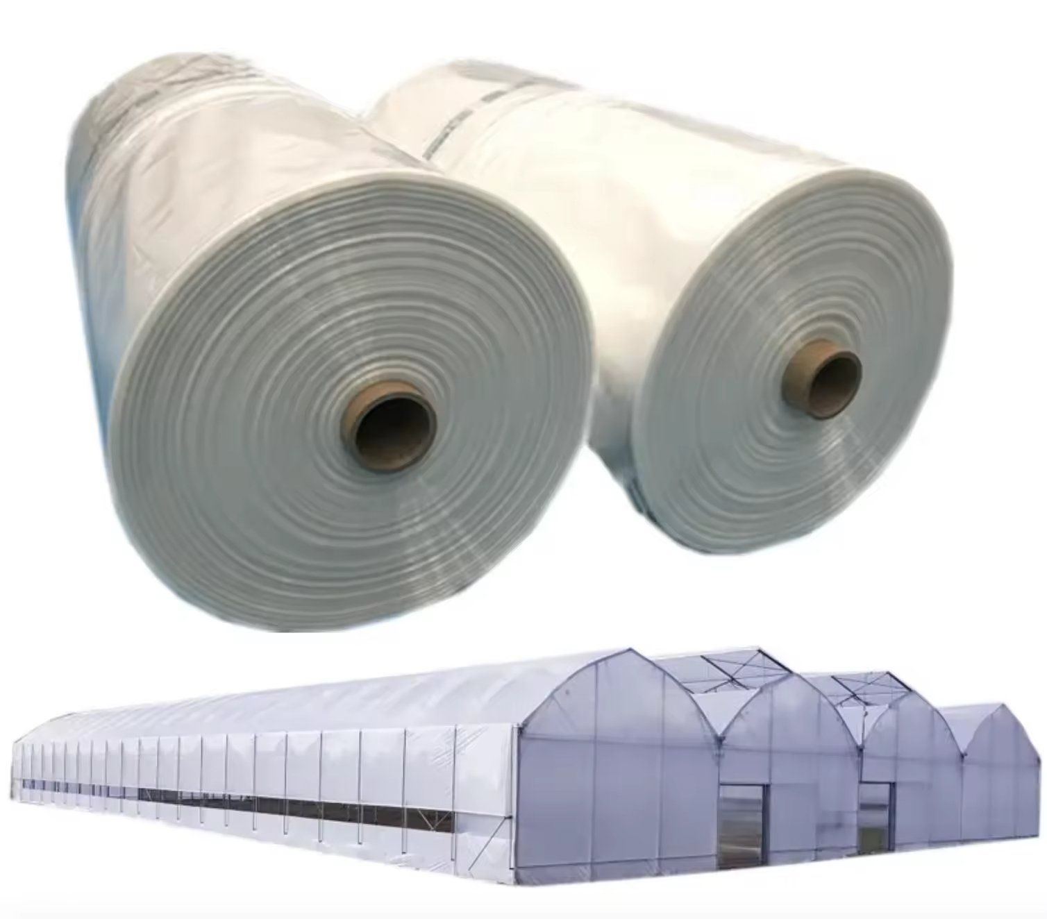 PE film rolls shown with a multi-span film greenhouse in the background