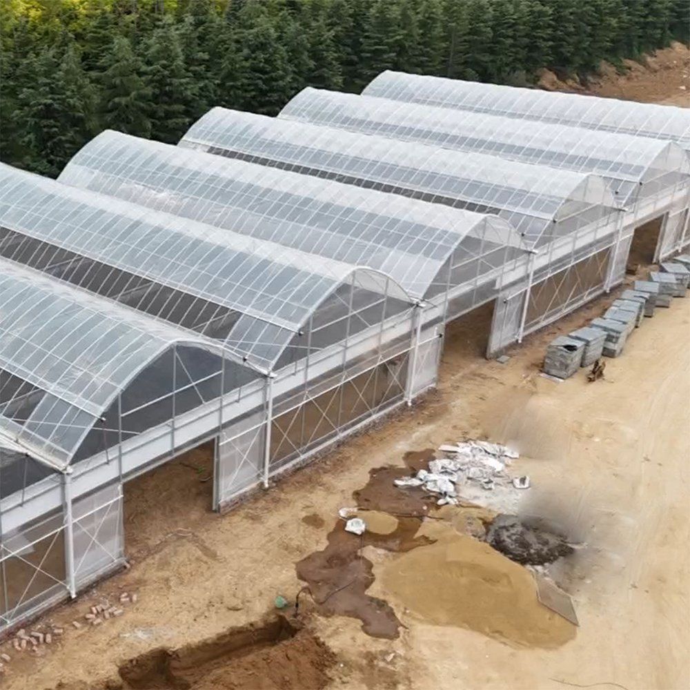 Aerial view of a block of tunnel greenhouses on prepared ground with materials alongside