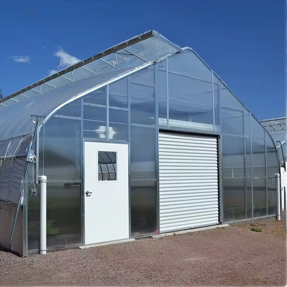 Close view of the polytunnel gable with sliding door and side access door