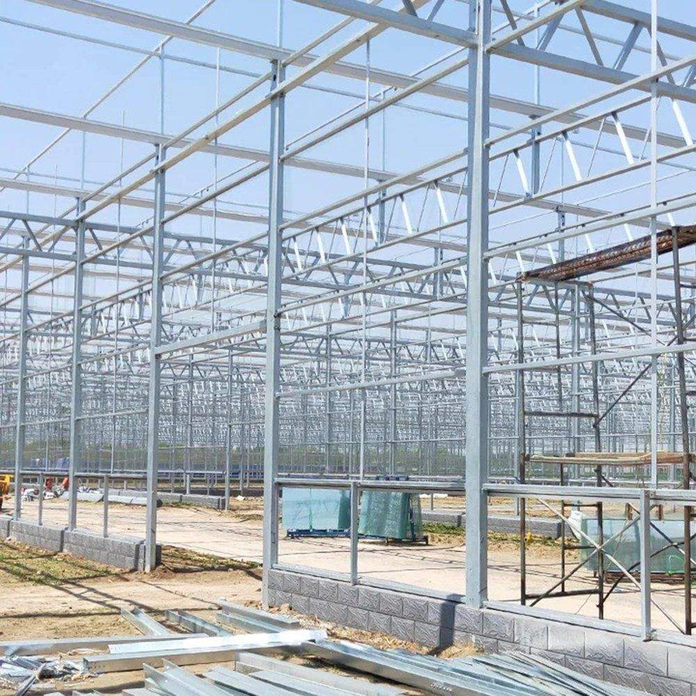 galvanized steel frame of a polycarbonate greenhouse