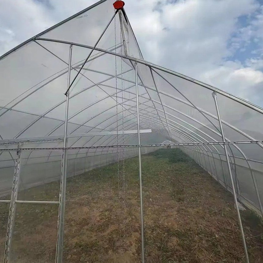 Steel arch frame of an agricultural greenhouse with the film cover fitted