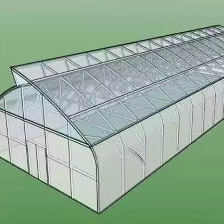 Three dimensional view of a greenhouse steel structure on a green background