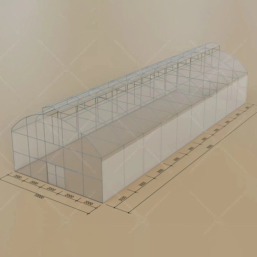 Three dimensional drawing of a greenhouse frame structure on a white background