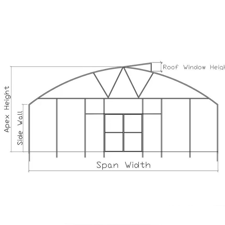 Section drawing of an arch greenhouse showing span width, side wall and apex height