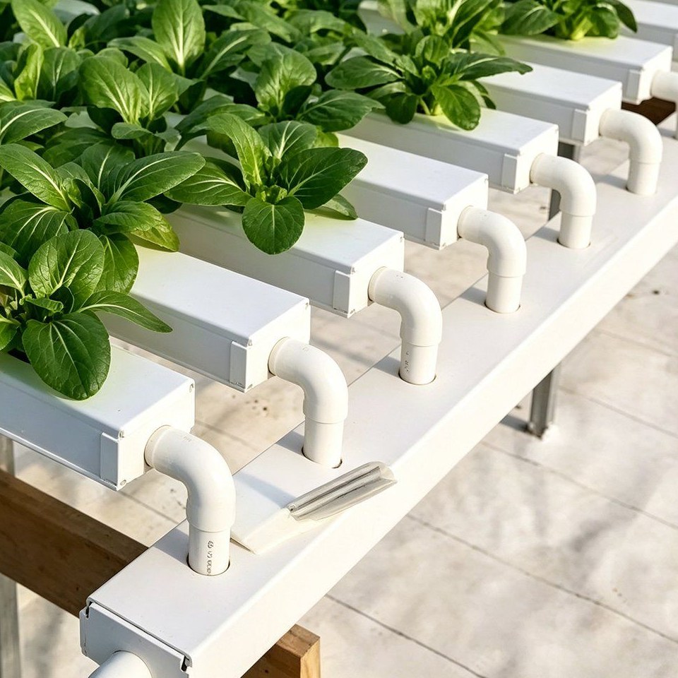 Basil plants in a white growing channel with pipe fittings below