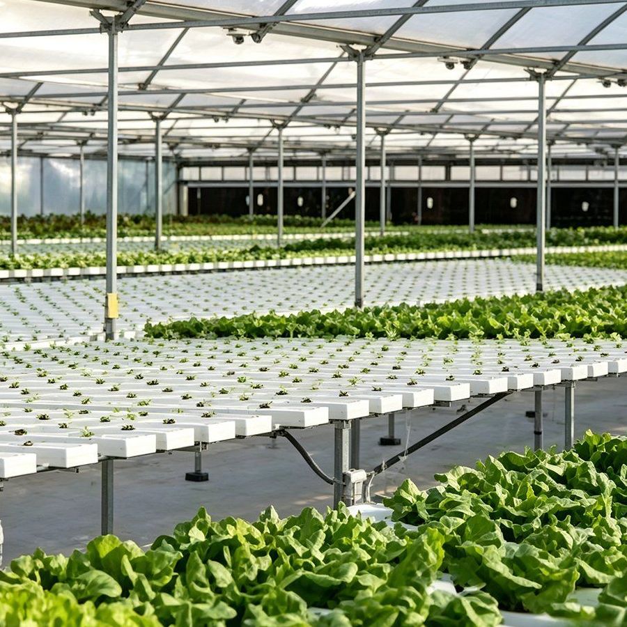 Rows of hydroponic gullies with lettuce seedlings inside a large greenhouse