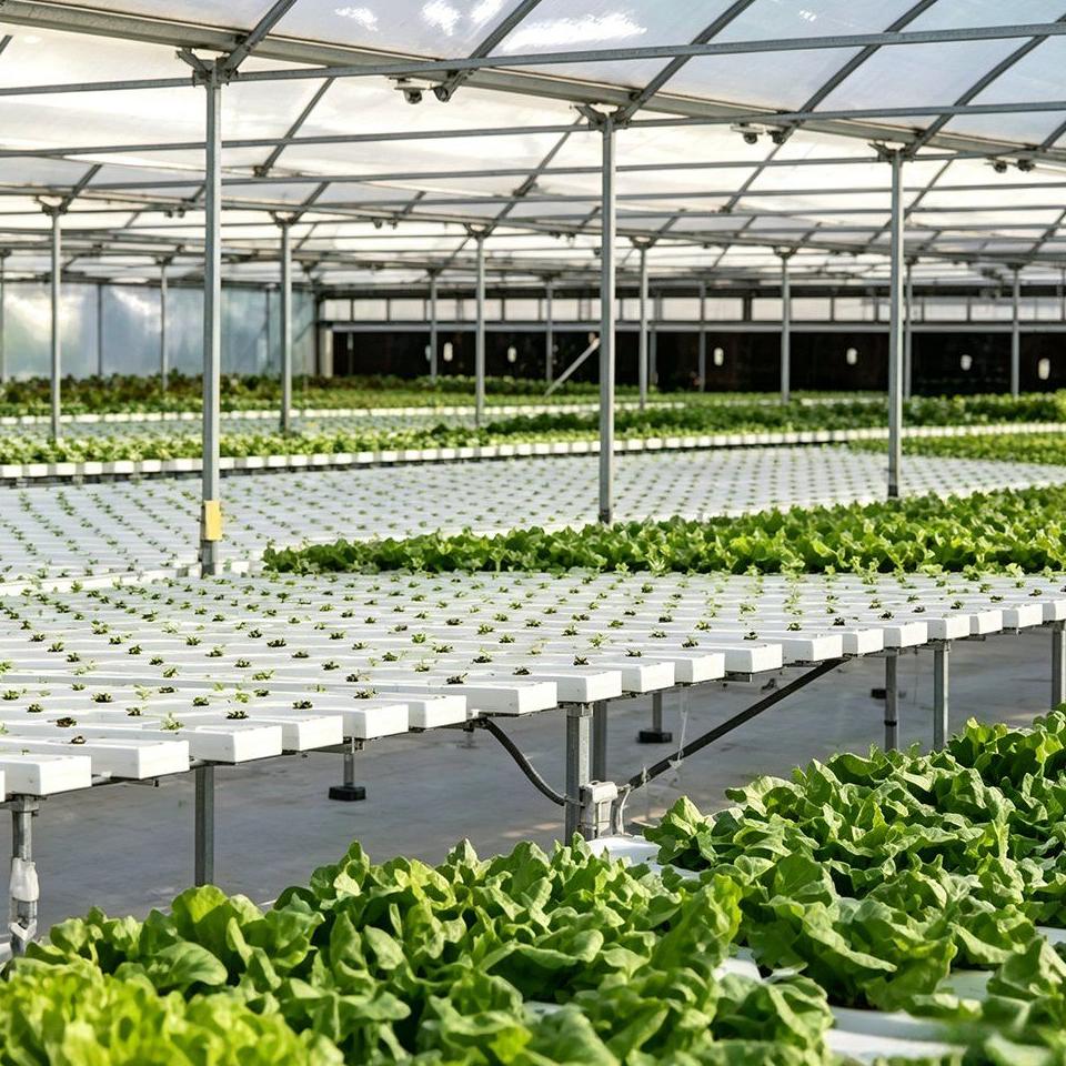 Wide bed of hydroponic gullies planted with lettuce under cover