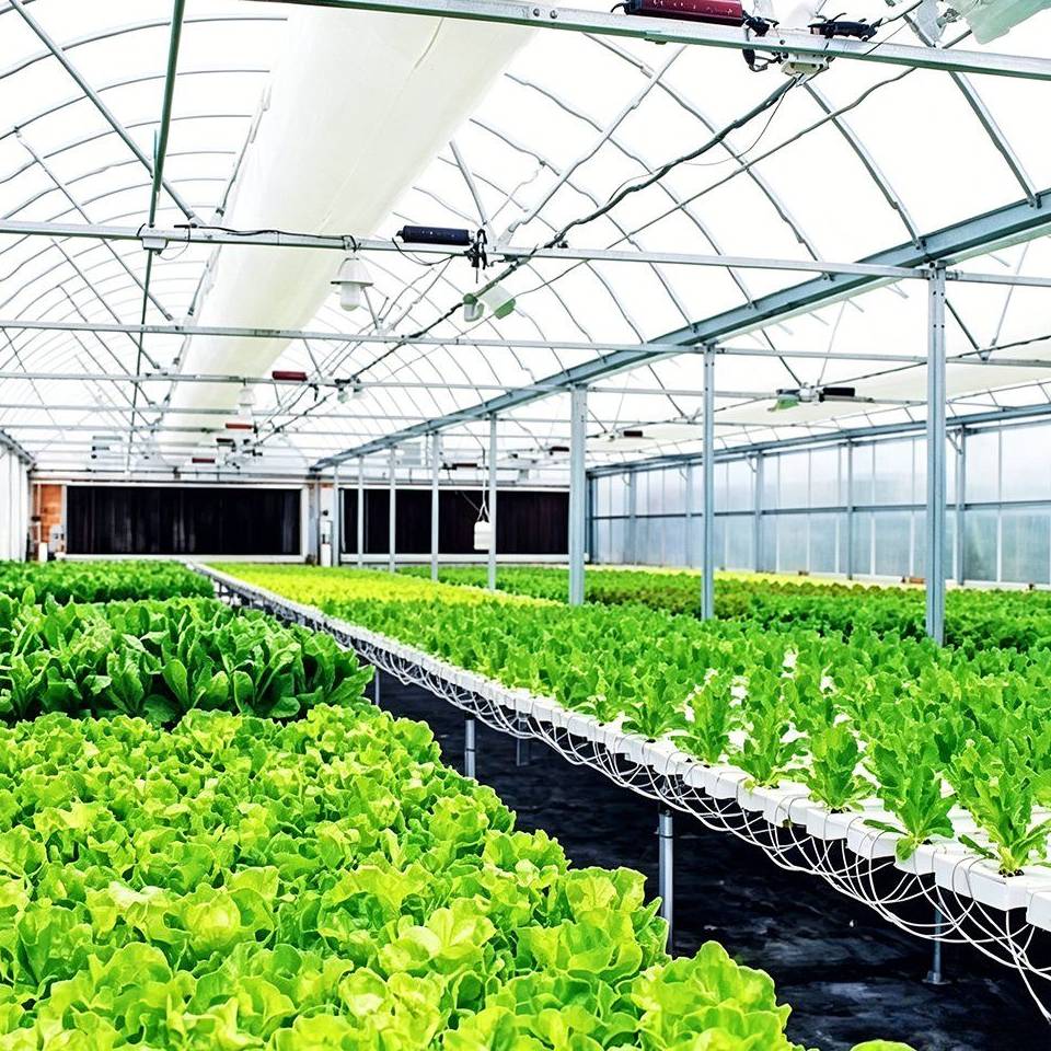 Lettuce growing in white hydroponic gullies under a bright greenhouse roof