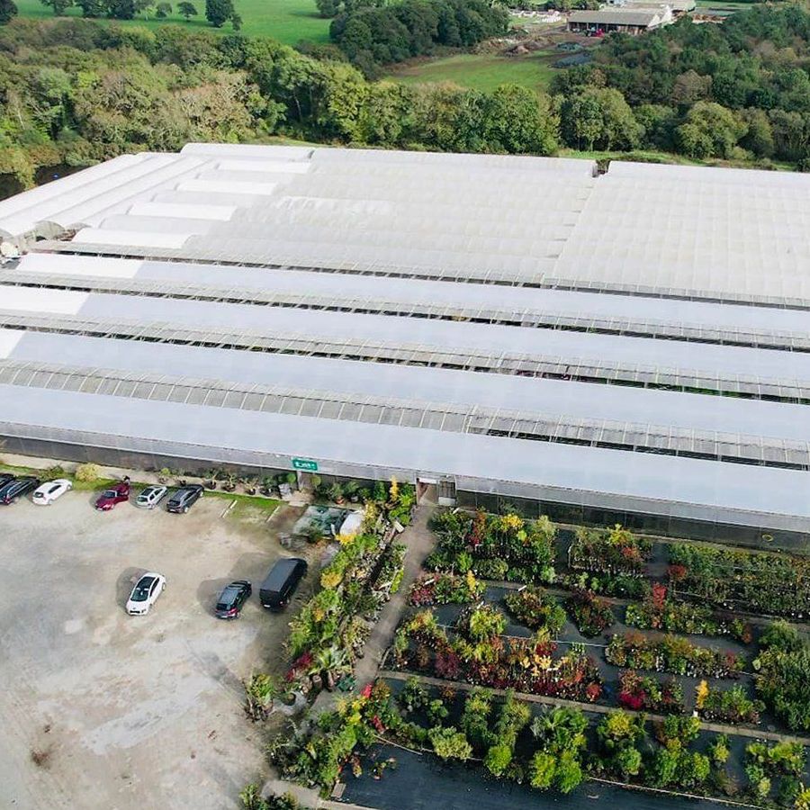 Aerial view of a film greenhouse range beside a flower nursery