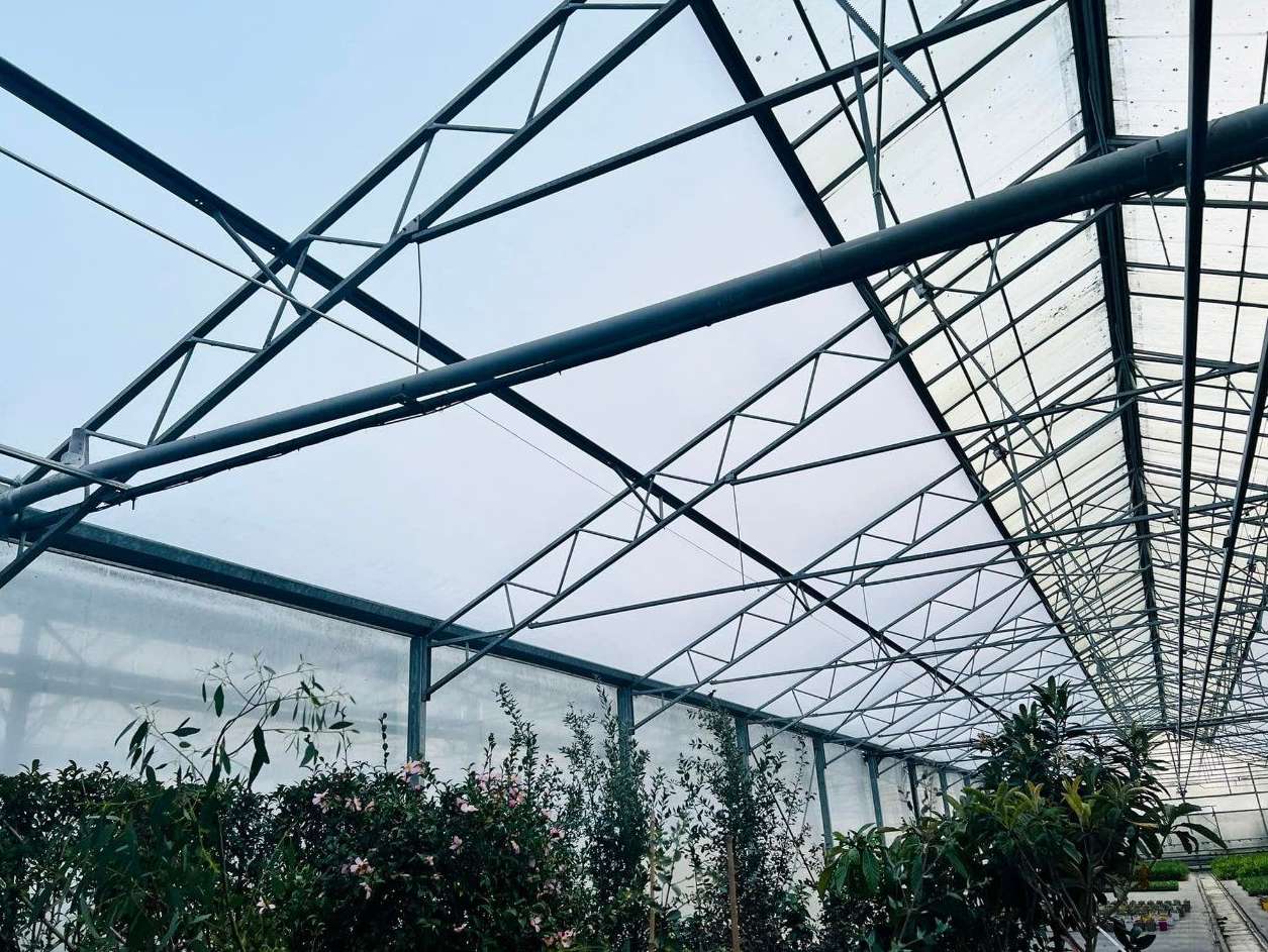 Galvanized arches and purlins seen from inside the covered bay
