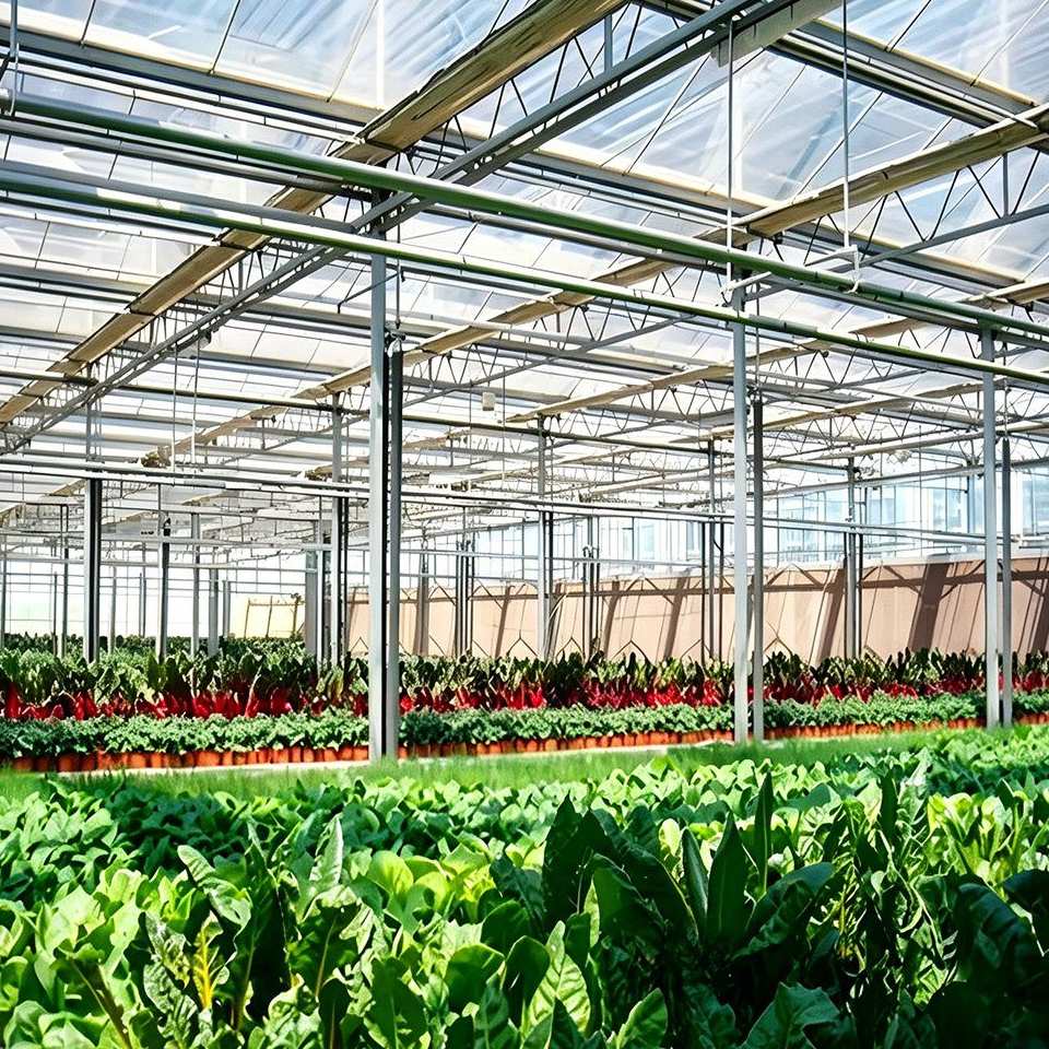 Bench grown leafy crops and flowering plants inside a large glass greenhouse