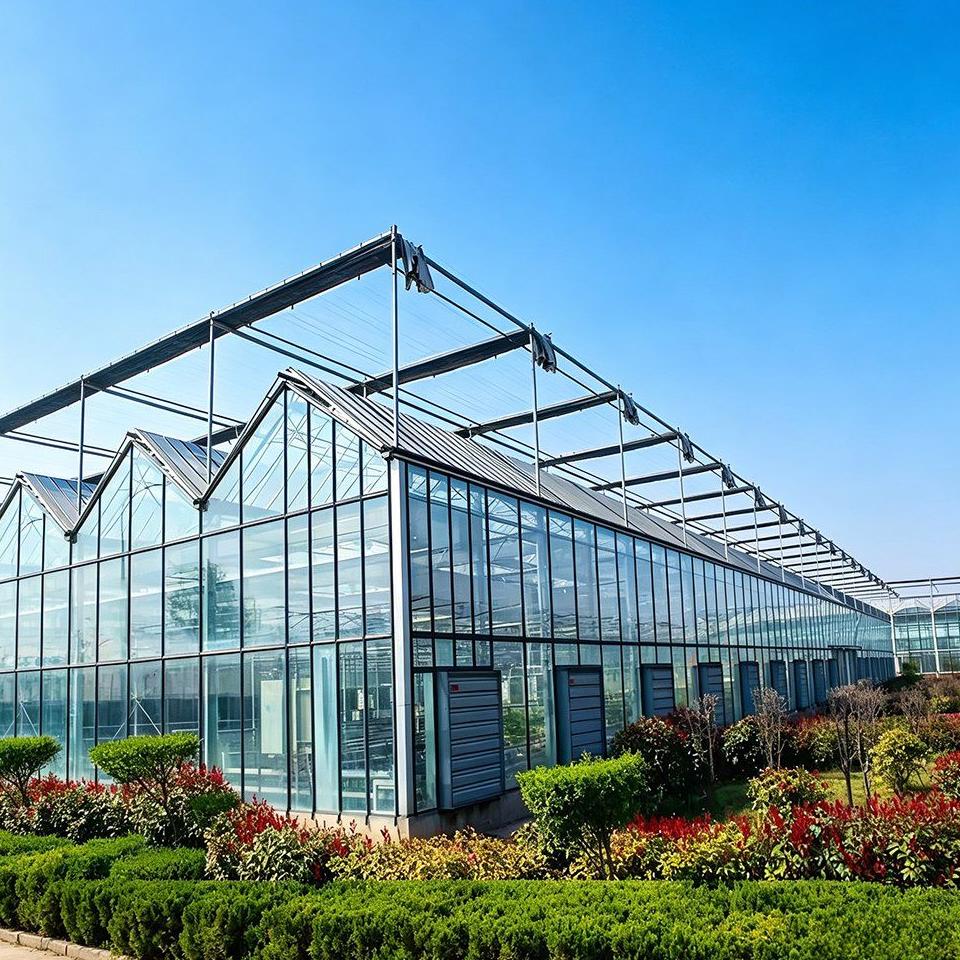 Exterior of a Venlo multi span glass greenhouse with glazed walls and ridge roof