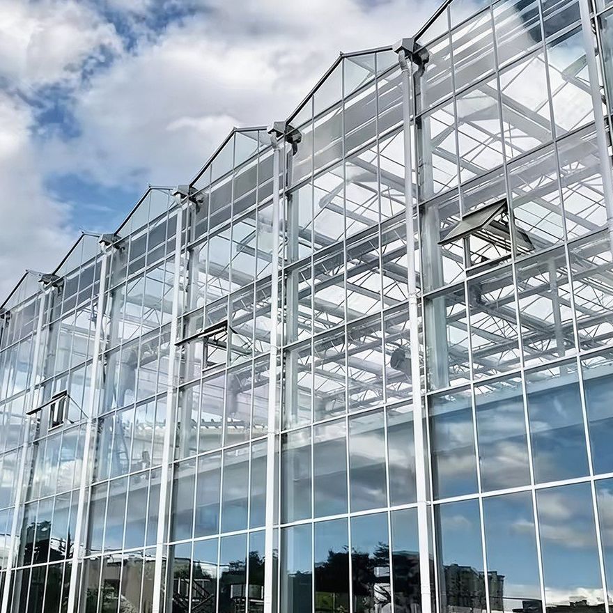 Tempered glass greenhouse reflecting the sky along its glazed wall