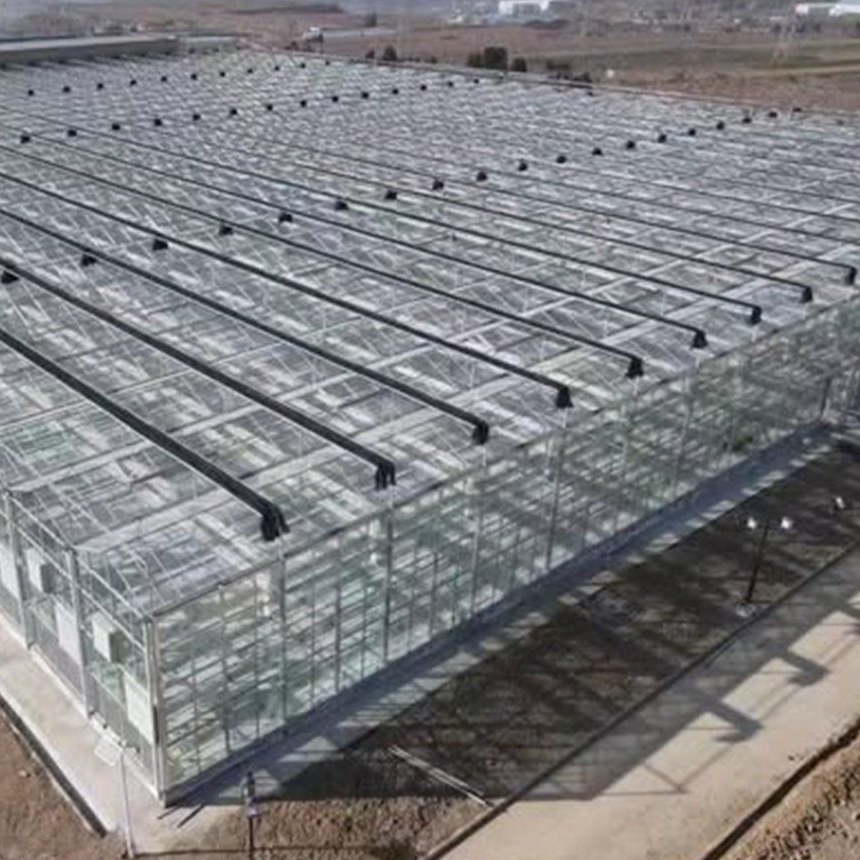 Aerial view of a large glass greenhouse range across a bare site