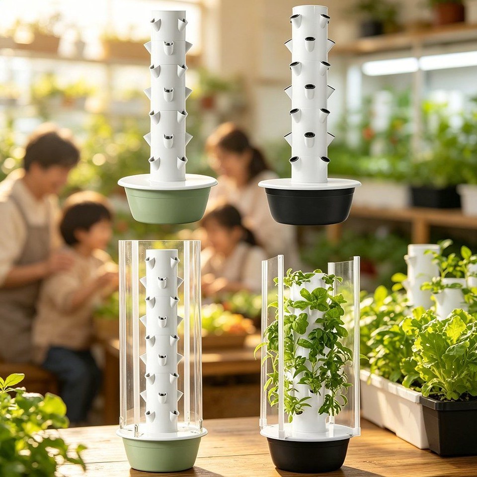 Hydroponic grow towers set up in a bright indoor growing room