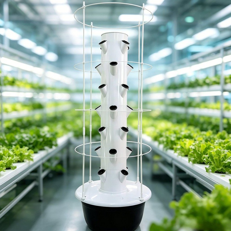 Single five layer hydroponic grow tower under lamps indoors