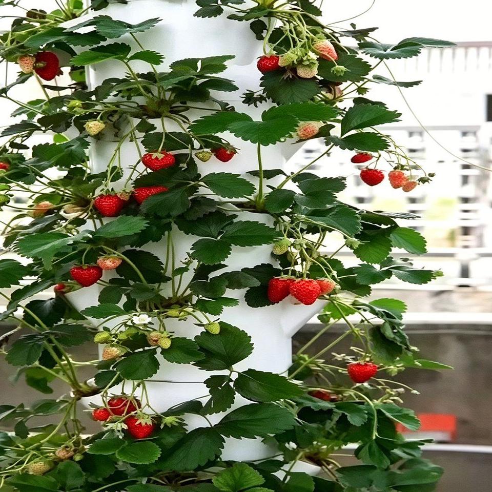 Strawberry plants fruiting from the pockets of a hydroponic tower