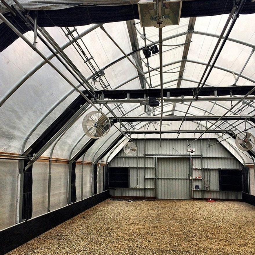 Steel frame and roof structure inside an empty covered greenhouse