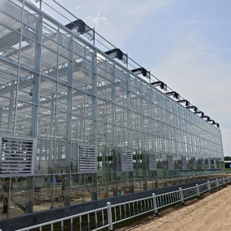 Multi span glass greenhouse with open roof vents seen from outside