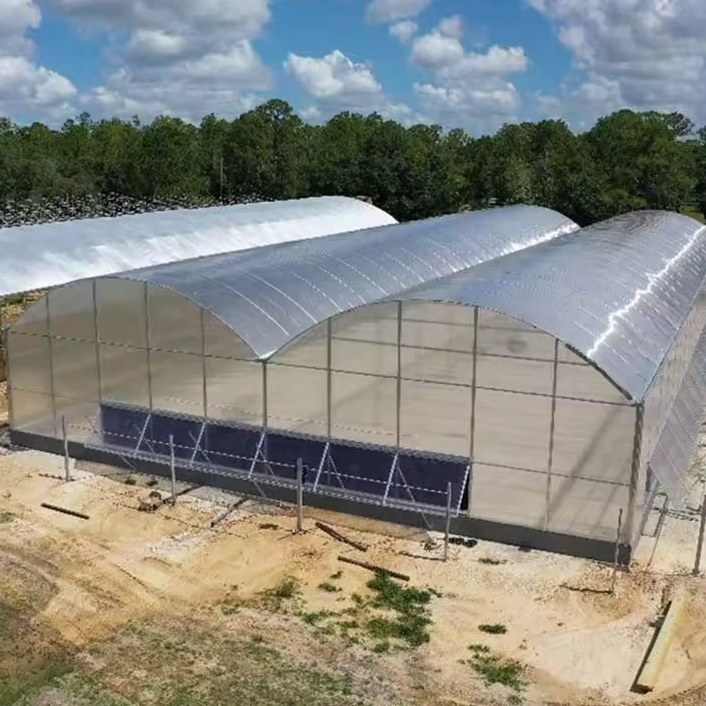 aerial view of a multi span polycarbonate sheet greenhouse roof