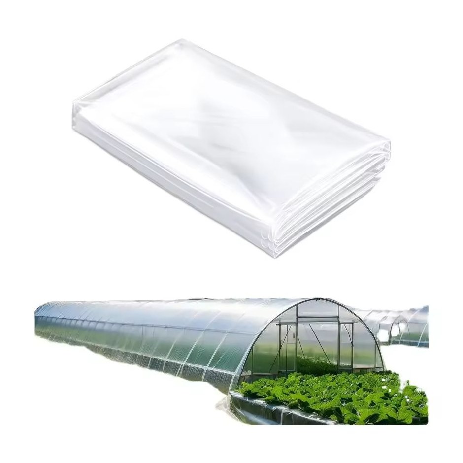 Folded sheet of clear greenhouse film laid out ready for cutting