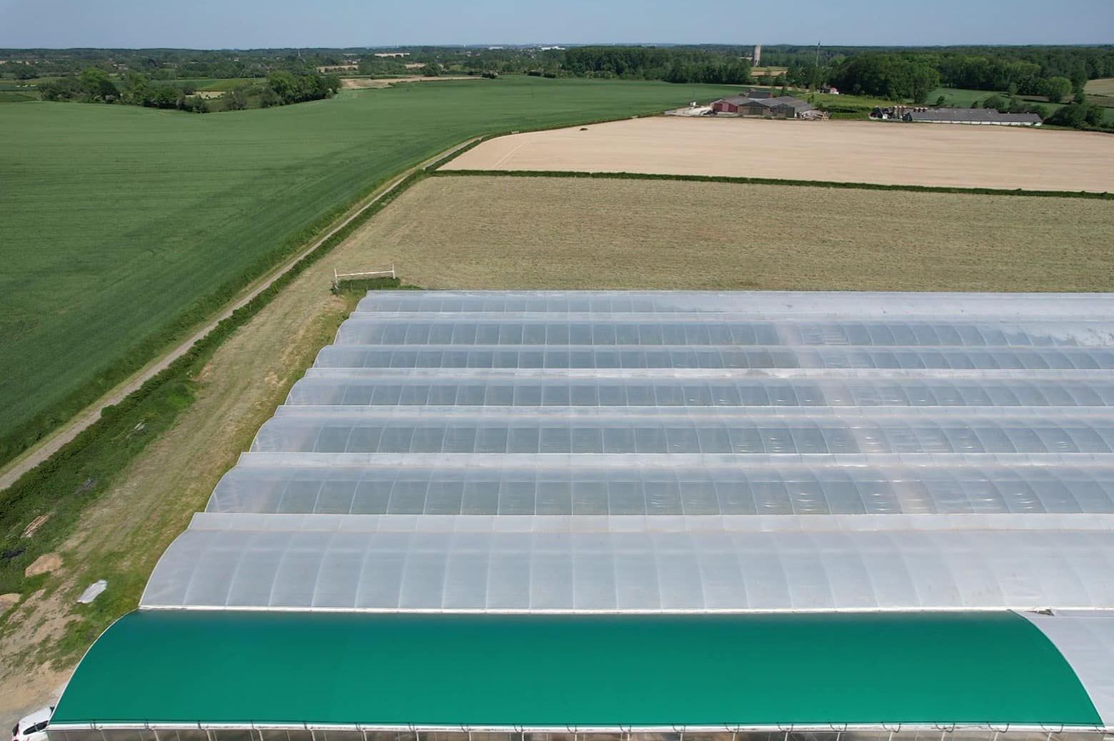Aerial view of a range of multi span film greenhouses on farmland