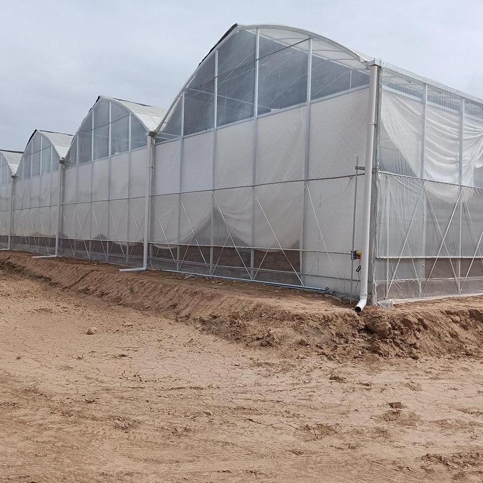 Panel greenhouse covered with a shade net standing on bare ground
