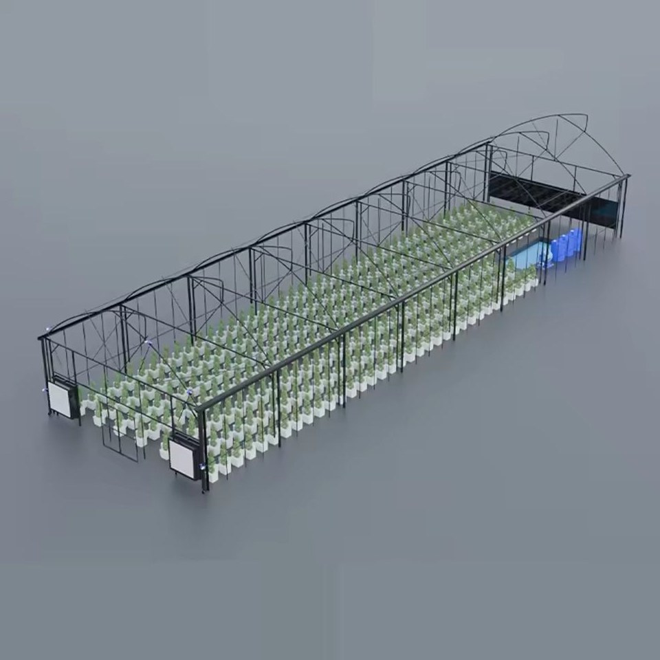 Hydroponic growing channels inside a covered sawtooth greenhouse
