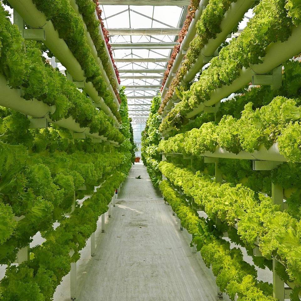 Lettuce growing on A-frame vertical hydroponic towers inside a greenhouse
