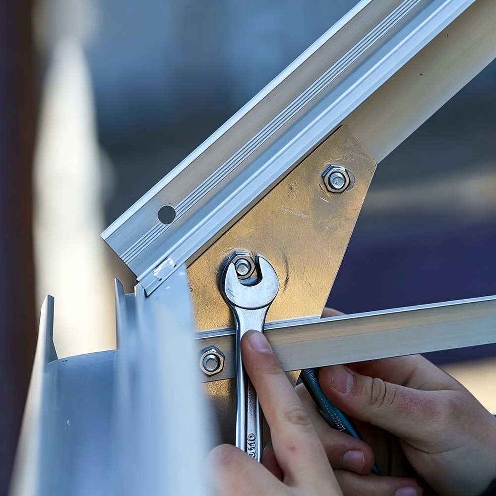 aluminium frame bolt and bracket detail on a greenhouse structure
