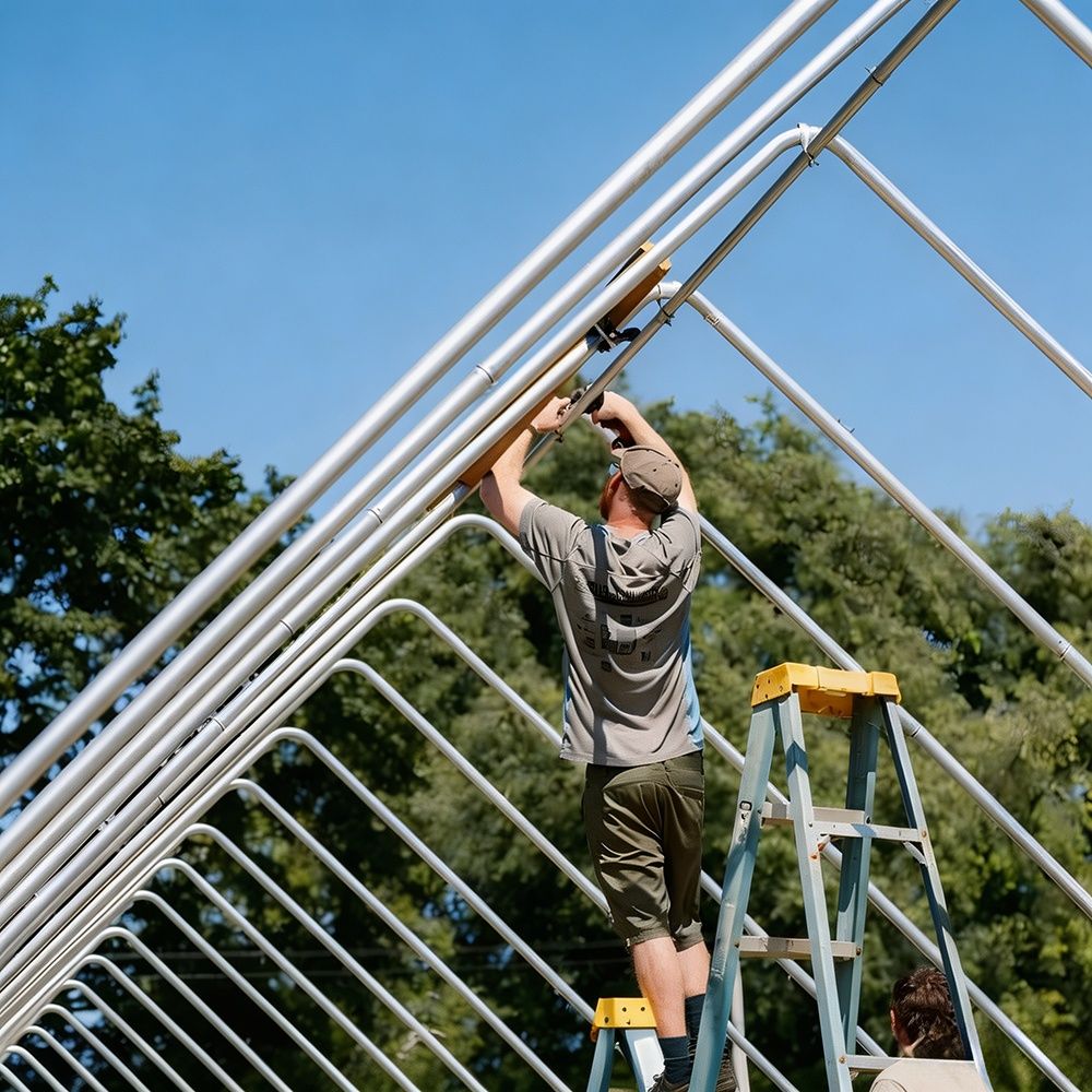 steel greenhouse frame assembly on site during installation