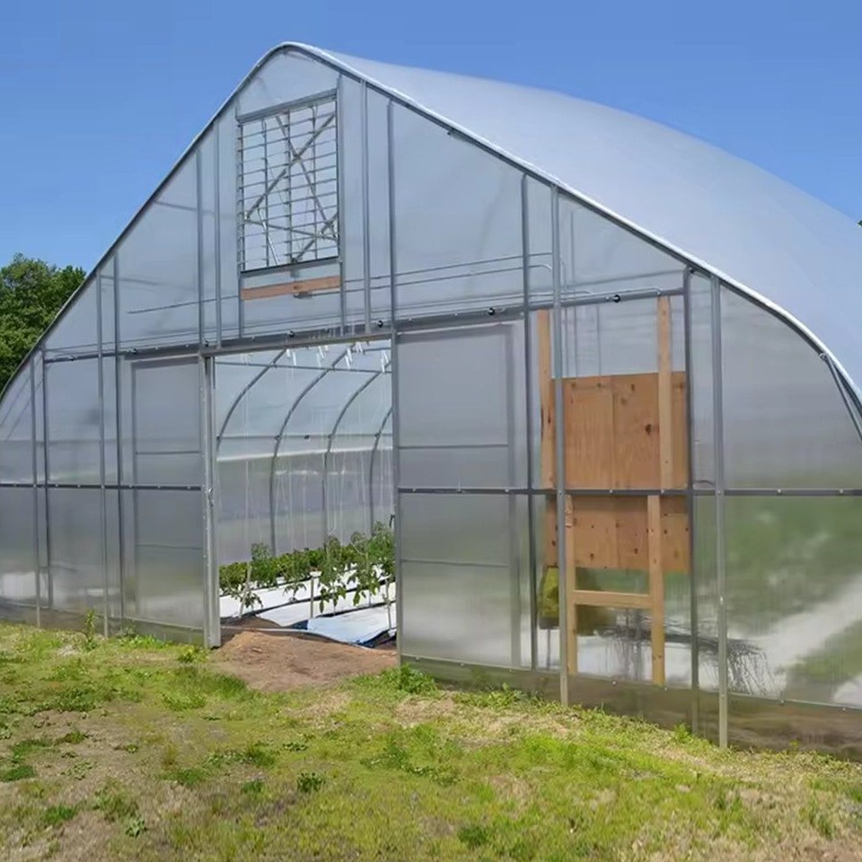 Gothic arch film greenhouse with a timber door in the end wall