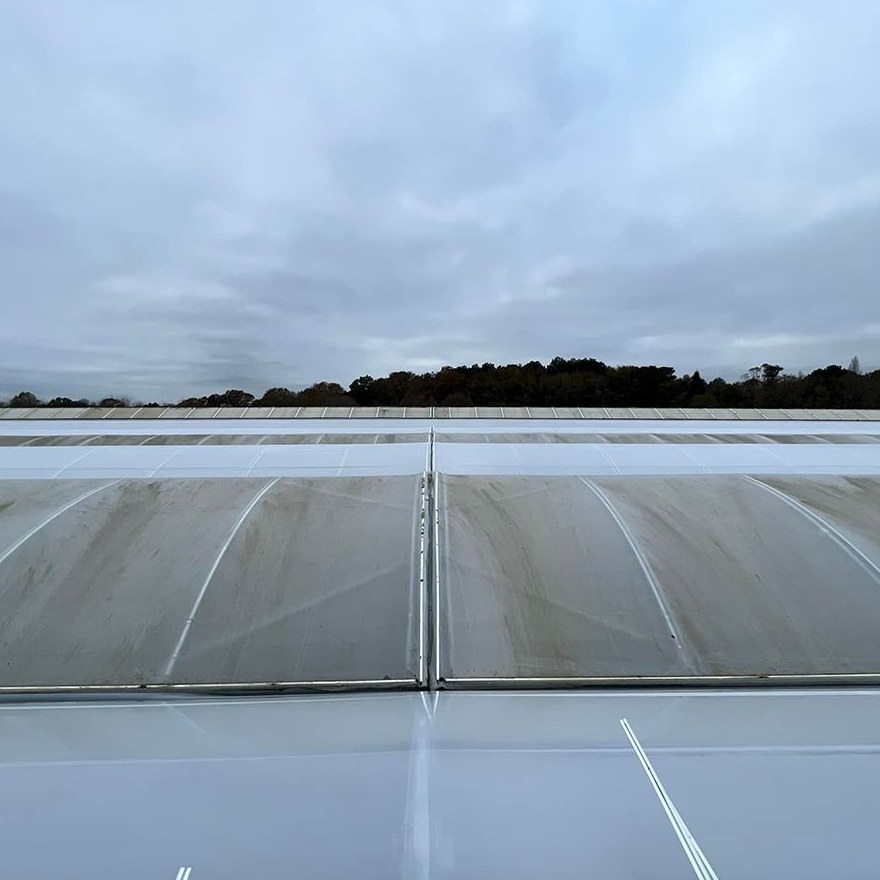 Film cover and sky above the ridge of a multi span greenhouse range