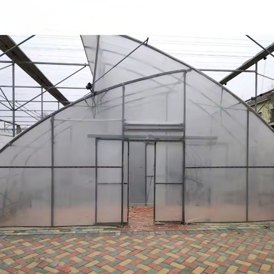 Entrance doors of a film greenhouse opening onto a paved yard