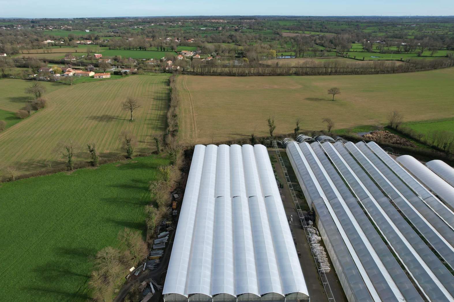Aerial view of a range of film covered greenhouses beside farmland