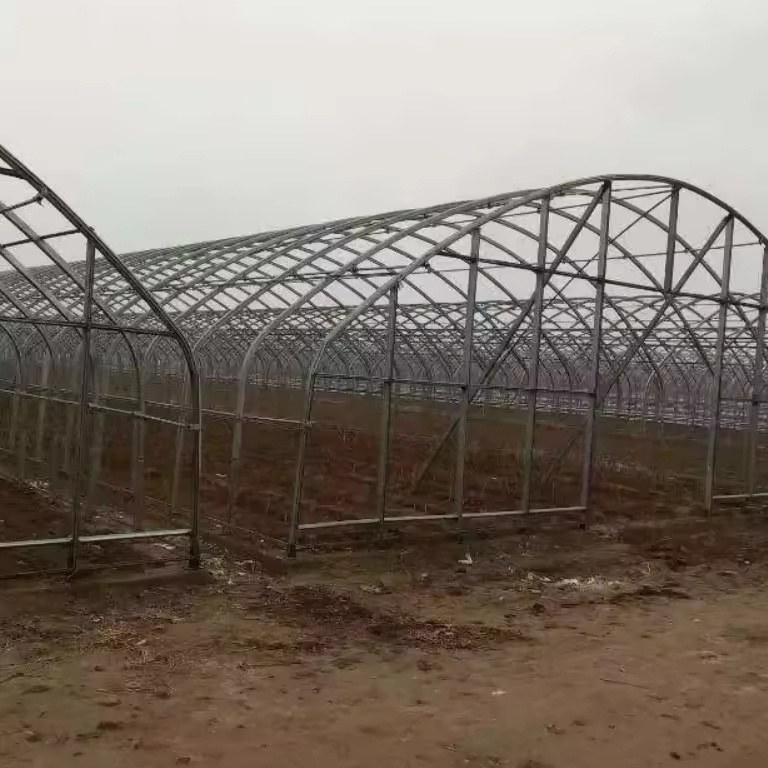 Round pattern galvanized steel arch frame of a large single span high tunnel greenhouse