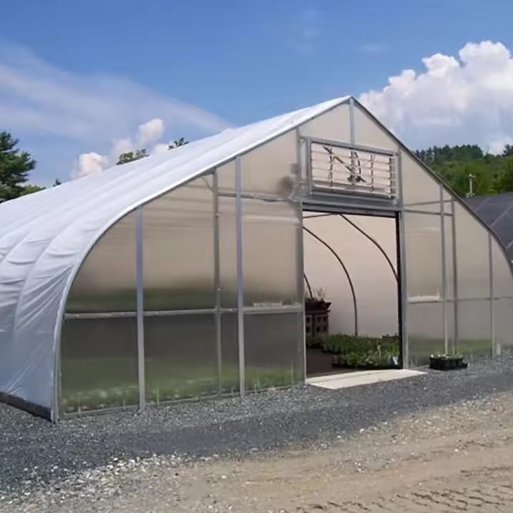 Gable end of a square profile tunnel greenhouse with sliding door and film covered walls
