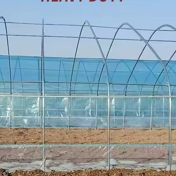 Heavy duty tunnel greenhouse frame standing in a field on a clear day