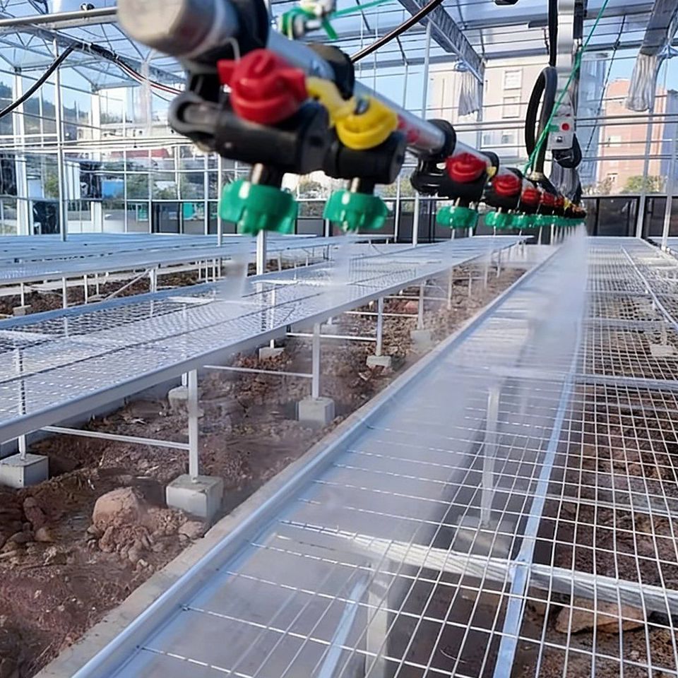 Hydroponic grow channels with plant rafts and irrigation pipework inside a greenhouse